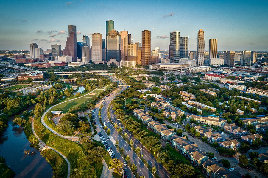 Texas - Aerial View of Houston, Texas Skyline At Sunset